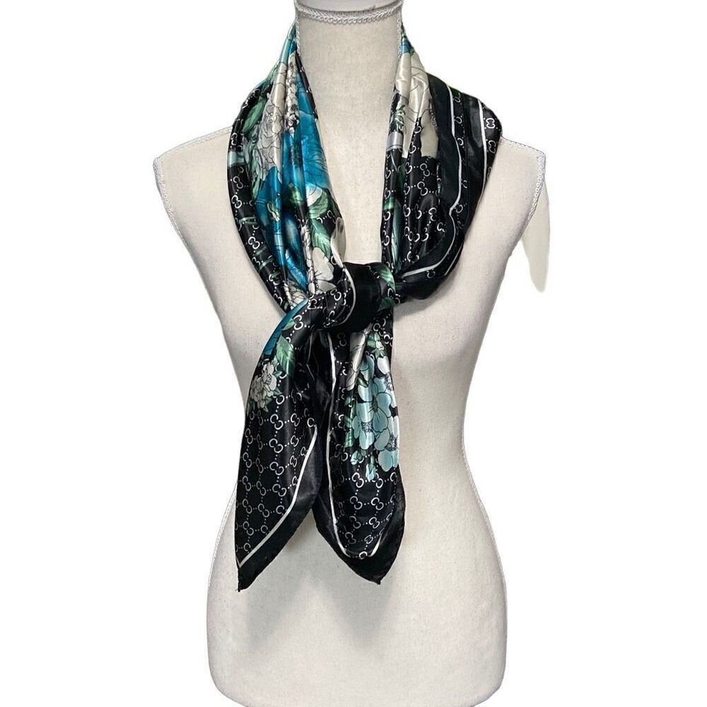 Fashion Scarf Black Blue White Floral Polyester 35x35